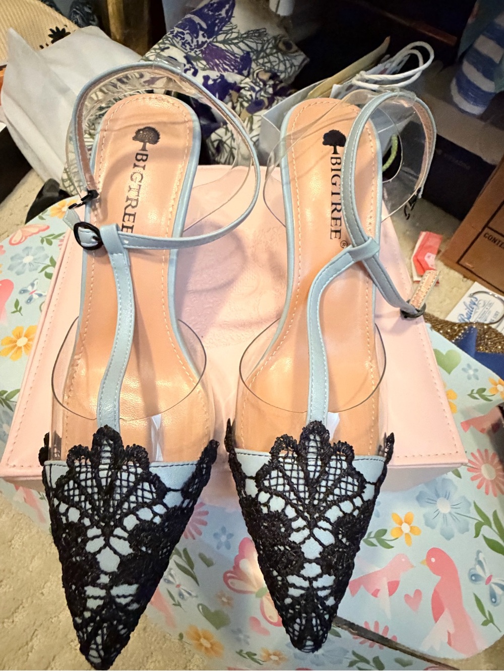 BIGTREE Light blue with black lace overlay Slingback Heels -New